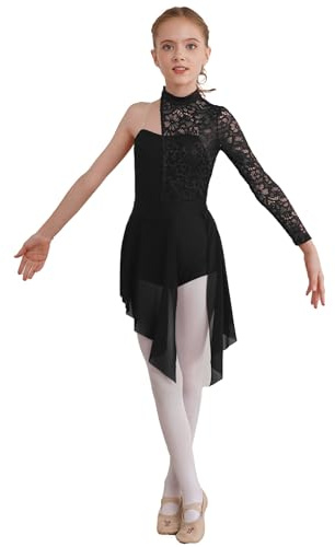Mufeng Abito da Pattinaggio Artistico per Bambine Leotards Monospalla in Pizzo Body da Balletto Danza Classica Abito da Ballerina Latino Americano Dancewear A Nero 13-14 anni