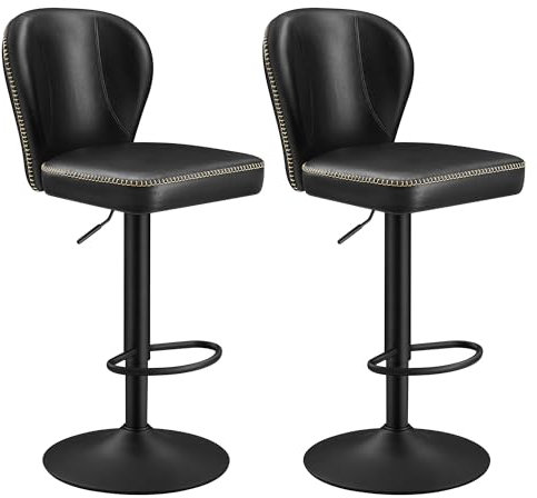 VASAGLE EKHO Kollektion - 360° drehbarer Barhocker, 2er Set, höhenverstellbarer Barstuhl mit Rückenlehne, Kunstleder, Nähte, Mid-Century-Modern-Stil, Küche, Hausbar, einfache Montage, tintenschwarz