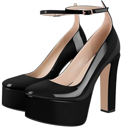 Blingqueen Mary Jane Pumps à talon haut avec bloc de talon, sangle à la cheville, plateforme, chaussures vernies noires 42 EU