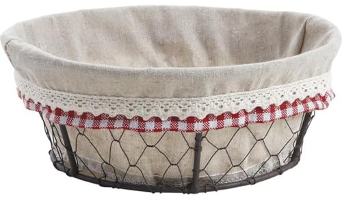 AUBRY GASPARD - Corbeille Ronde Grillage Vieilli avec Doublure Jute - Ø 20 cm x H 8 cm - Style Rustique Vichy Dentelle - Idéale pour Pain ou Décoration Table - Poids 0.09 kg
