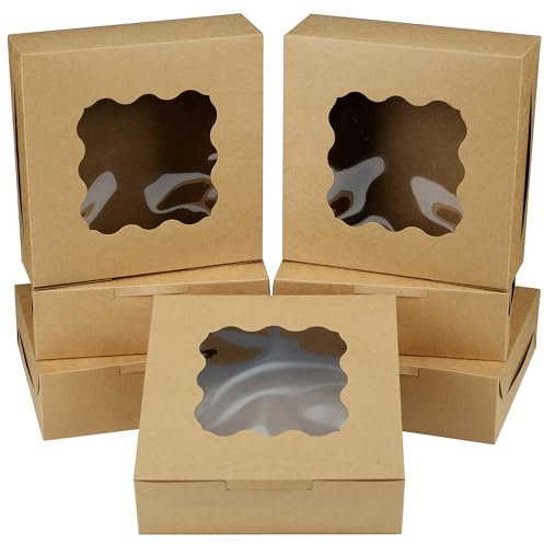 AWCIGG 15 Stück Gebäckkarton mit Sichtfenster 20,4x20,4x6,4 cm Tortenschachtel Kraftpapier Box Quadratische Braune Geschenkbox für Cookies Cupcakes Macarons Kuchen Weihnachtsfeier