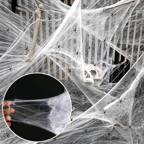 IAZHENJane Spinnennetz deko 30 kleine Spinnen 200g Spinnennetz Halloween Dekoration Halloween Dekoration Spinnennetz Spinnweben Halloween,Outdoor Garten Innen Horror Party Hängende Gruselig Deko.