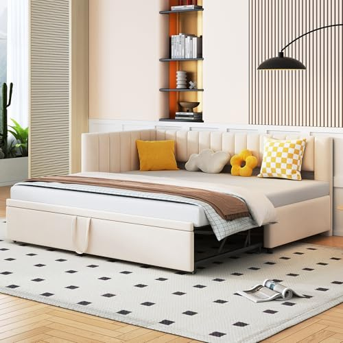 Lettino Imbottito 90/180 x 200 cm, Divano con Letto Estraibile a Forma di L, Multifunzione per Ospiti con Rete a Doghe, in Tessuto di Velluto Delicato sulla Pelle