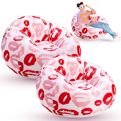 2 Pcs Valentines Day Inflatable Chairs Red Lip Blow up Bean Bag Couch Galentines Portable Lazy Sofa Seat Game Couch for Valentine Movie Night Pool Camping Balcony Living Bedroom Reading Room(Red Lip)