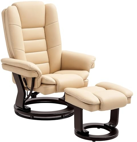HOMCOM Recliner Chair With footstool, Recliner Armchair up to 130kg Weight Capacity, 135° Reclining Swivel Sofa Chair, PU Leather Ergonomic Couch Bed with Swivel Wood Base for Living Room, Beige