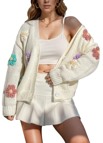 ANUFER Femmes Charmant Fleur Crochet Chandail Col en V Boutonné Manches Longues Tricoter Cardigan Hauts SN079177 Blanc M