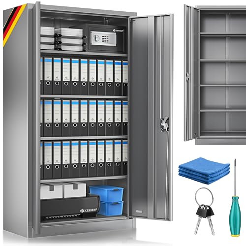 KESSER® Aktenschrank abschließbar mit Flügeltüren 180x80x40cm | Büroschrank aus Stahl mit 4 höhenverstellbaren Einlegeböden | Mehrzweckschrank 5 flexible Fächer, max. 40 kg pro Fach, inkl. 2 Schlüssel