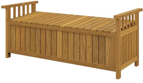 Outsunny Banc de Jardin en Bois 2 Places avec Espace de Rangement de 151L, Banc d'extérieur avec accoudoirs, Charge 240 kg, pour Jardin Balcon, 128,5 x 52 x 53,5 cm Marron