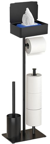 Toilet Roll Holder with Toilet Brush - GUIGUZI Black Stainless Steel Free-Standing Toilet Roll Holder with Top Shelf, Holds 3 Rolls, Bathroom Toilet Paper Dispenser