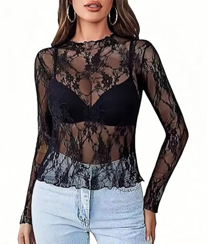ROSVAJFY Haut transparent avec dentelle Chemise à manches longues avec maille Top en dentelle à manches longues Haut en résille Broderie florale en dentelle Léger et respirant Haut en maille Femmes
