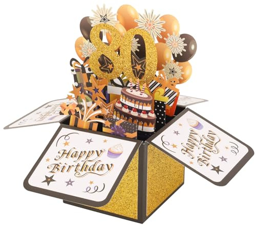 Biglietto Pop-Up Auguri per l'80° Compleanno, Biglietti di Auguri Compleanno in Scatola 3D con Busta Biglietto Auguris Pieghevole per Mamma Papà Marito