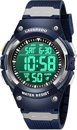 Timever Barn pojkar armbandsur med silikonband, digital klocka med 5 ATM vattentät, sportklocka med larm, stoppur, datum, ljus, dubbel tid, nedräkning, 01 mörkblå svart