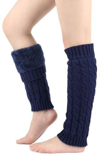 Damen Stulpen Fleece Gefütterte Beinwärmer Leg Warmers Zopfmuster Beinstulpen Dicke Warme Beinlinge Strumpf Winter Legwarmers Gestrickte Knöchelwärmer Bequem Knöchel Socken für Ballett Yoga (Navy)