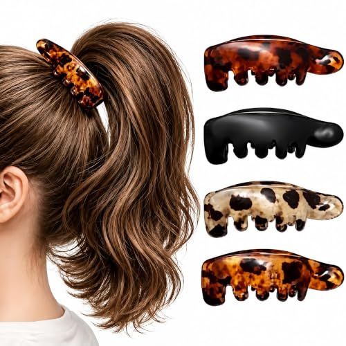 4 Pack Banana Hair Clips for Women, Non Slip Ponytail Holders, Strong Hold Hair Accessories for Ponytails, Buns and Curly Hairstyles (Brown Tortoiseshell)