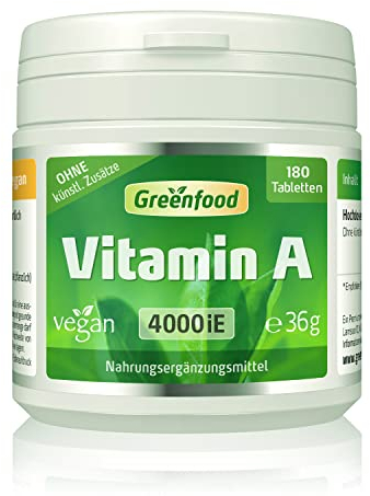 Vitamin A Tabletten - Extra hochdosierte 4.000 iE Retinol pro Tag (180 vegane Tabletten) - Unterstützt Sehkraft, Schleimhäute und Immunsystem - ohne künstliche Zusätze, ohne Gentechnik - Greenfood