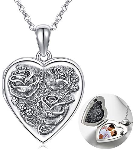 MEDWISE 925 Sterling Silver Locket Necklace That Holds Pictures Photo Necklace Oxidized Rose Flower Heart Pendnat Lockets Gifts for Women Birthday Christmas Gifts