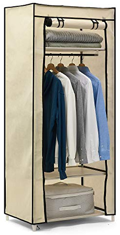 Hododou Single Canvas Wardrobe Portable Wardrobe Fabric Wardrobes for Bedroom Foldable Closet with Hanging Rail and Shelves, for Clothes, Bags, Toys, Shoes, 160 x 59 x 43CM, Beige
