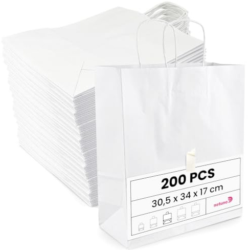 Netuno 200 vita papperspåsar med handtag 30,5 x 34 x 17 cm pappersbärkasse med handtag presentpåse kraftpapperspåse shoppingväska av kraftpapper shoppingpåse papperspåse presentpåse