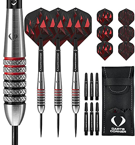 Darts Corner Astrofire | Dartset med 90% volframkropp och högkvalitativ stålspets med 6 fenor, 6 stänger, betalkort och förvaringslåda, ringar och karteller, flera vikter