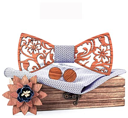 HZQIFEI Noeud Papillon Bois, Ensemble 4 Pièces Noeud Papillon en Bois + Boutons de manchette + Broche + Carré de Poche, Accessoire Mode (Style#13)