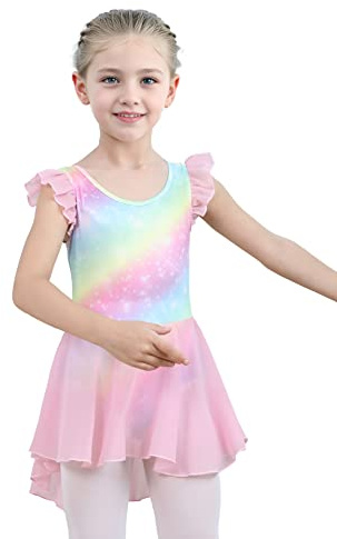 iLover Kids Girls Classic Ruffle Sleeve Tutu kirted Leotard Dress for Dance, Gymnastics and Ballet 5-6 Years Rainbow-Pink