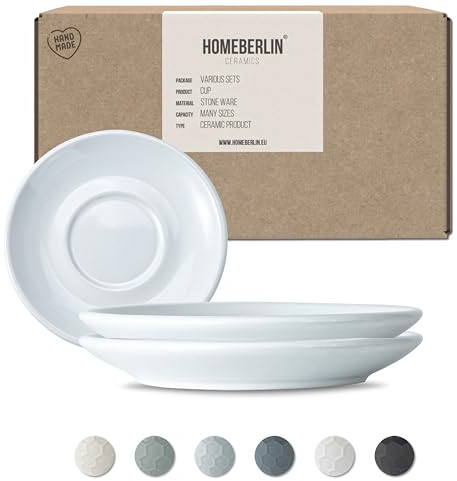 HOMEBERLIN Lot de 2 soucoupes - Convient pour tasses à cappuccino design de 200 ml - Soucoupes en faïence de qualité supérieure - 100 % fabriquées à la main - Sauce (2 pièces, blanc)