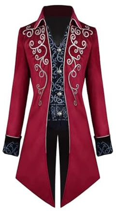 FJKVKDT Men Medieval Steampunk Tailcoat Jacket Male Victorian Renaissance Gothic Retro Coat Halloween Party Cosplay Gentleman Costumes for Adult (Red, M)