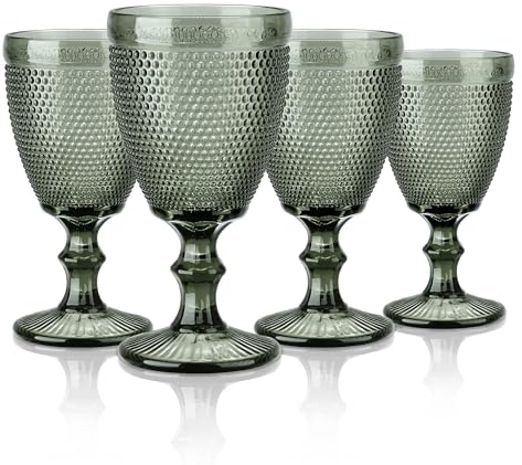 Joeyan 300ml Grau Vintage Weingläser mit Relief design,Bunt Kelchgläser Weinkelch Set für Wein Saft Getränke,Set von 4 Trinkgläser Retro mit fuß, Spülmaschinenfest
