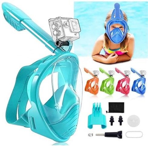 SaiXuan Schnorchelmaske XS für Kinder – 180° Tauchermaske mit Trockenatmungssystem, Anti-Fog & Anti-Leck, mit Tragetasche, Kamera-Halterung & Zubehör – Taucherbrille für Jungen & Mädchen (Grün)