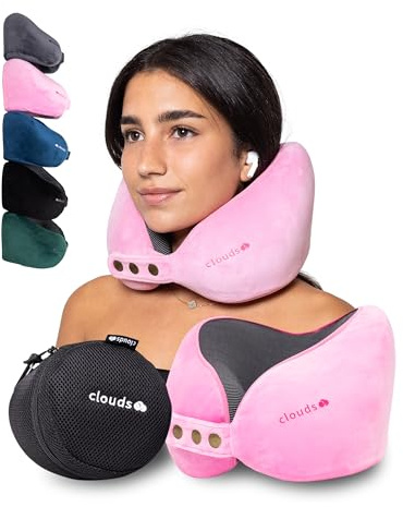CLOUDS Cuscino da Viaggio in Memory Foam per Aereo e Auto - Cuscino Cervicale Regolabile ed Ergonomico Certificato IGR, Fodera Lavabile con Custodia da Trasporto, 5 Colori, 2 Taglie (Rosa, S/M)