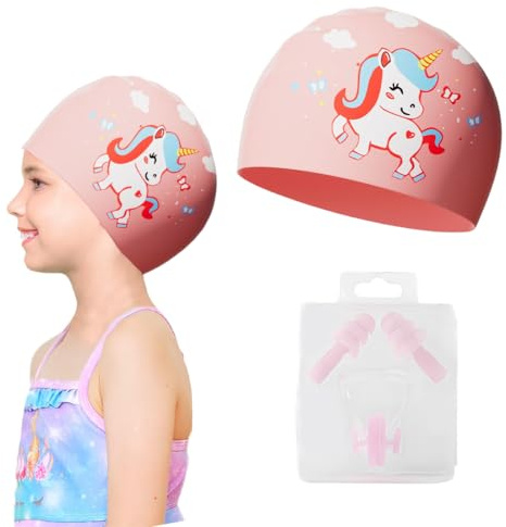 Bonnets de Bain Enfants, avec Bouchons d'oreille et Pince-Nez, Bonnets de Bain en Silicone pour Filles, Bonnet Piscine pour Fille Cheveux Longs, Bonnets de Bain imperméables Élastique