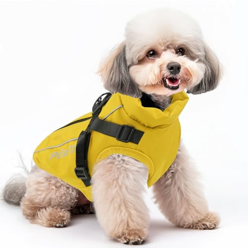 PcEoTllar Abrigo Impermeable para Perros pequeños, Chaqueta Reflectante cálida con arnés para Invierno, Disfraz de esquí, suéter de algodón para Perro, Color Amarillo, Talla M