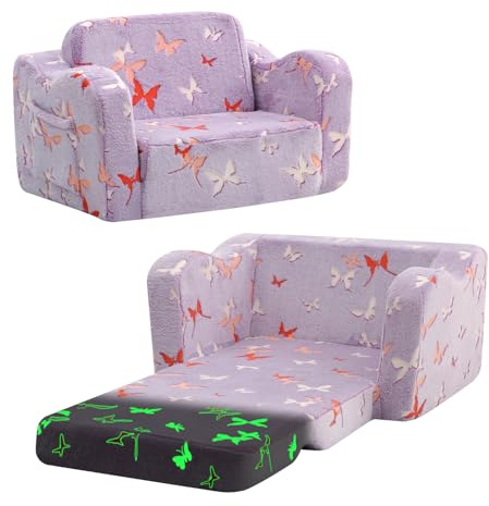 MeMoreCool Kids Fold Out Sofa Bed, Plush Toddler Chair Recliner with Glow in the Dark Design, Soft Folding Couch for Boys and Girls, Comfy Children’s Bedroom Playroom Furniture, Purple Butterfly