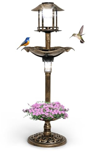 GOPLUS Stående fågelbad, fågelbad med solcellslampor, multifunktionell fågelbad med blomkruka, fågelmatningshus, foderdispenser, fyllbart stativ & 3 stolpar, för vilda fåglar och fåglar (brons)