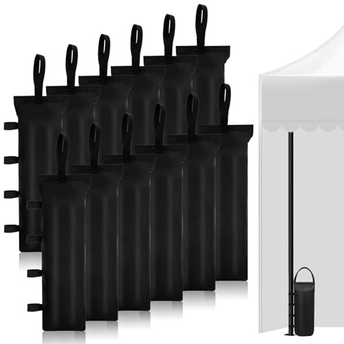 AKOLAFE 12 Pièces Poids pour Tonnelle 15 x 50 cm, Sac de Lestage Tonnelle en Oxford 600D Noir, Sac de Sable pour Tente, Jardin, Plage, Terrasse et Auvent