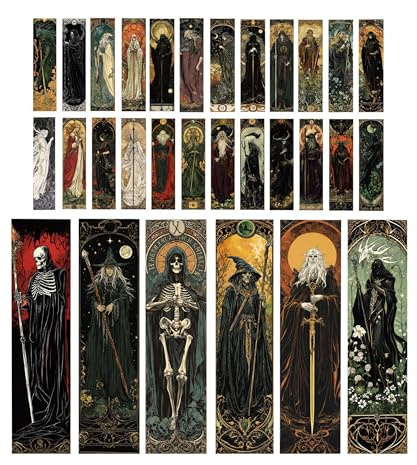 ASSZBE 30 bokmärken med retrotrollkarlar och mystiska motiv, 15 x 4 cm | Dekorativ fantasikonst på papper ger läsningen extra magi – en kreativ present för elever, bokälskare och fantasyfans.