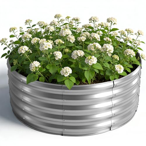 Hocamel Bancal de jardín de Metal 90 x 90 x 43 cm, bancales elevados de Acero galvanizado para el jardín, bancal de huerto, bancal Elevado para Verduras, Hierbas, Flores, Plateado, Redondo