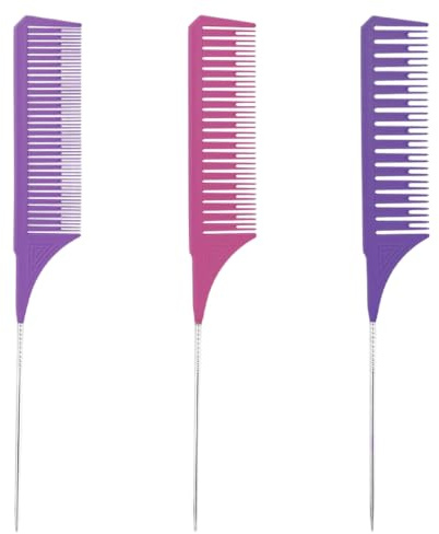 3 Piezas Peine de Mechas Profesional, Peines para Teñir el Pelo con Cola de Rata en Acero Inoxidable, Ideal Peluquería y Hogar, Morado y Rojo Rosa