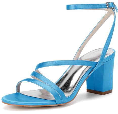 HFWXYSA Sandales Talons Carrés Satin Blanc Femme Bride Cheville Chaussures Mariage,Sky Blue,40 EU