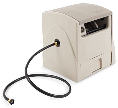 Suncast Automatic Rewind Garden Hose Reel, 100 ft. 5/8 in. Vinyl Hose Holder, Light Taupe