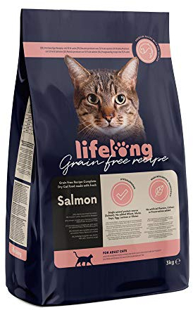 Amazon-Marke: Lifelong - Katzenfutter für ausgewachsene Katzen, Fein zubereitetes Trockenfutter mit frischem Lachs, Getreidefreie Rezeptur, 3 kg (1er-Pack)