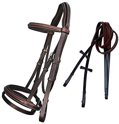 Exion Bride de chasseur de saut anglais avec muserolle amovible et rênes en caoutchouc | Mors et muserolle surélevés rembourrés doux | Coiffe anatomique anti-pression | Bride de cheval en cuir