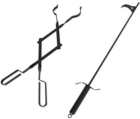 36-Inch Fireplace Fire Pit Campfire Poker Stick and 26-Inch Campfire Fireplace Tongs, Log Grabber, Camping, Wood Stove, Outdoor and Indoor Use, Black Solid Steel
