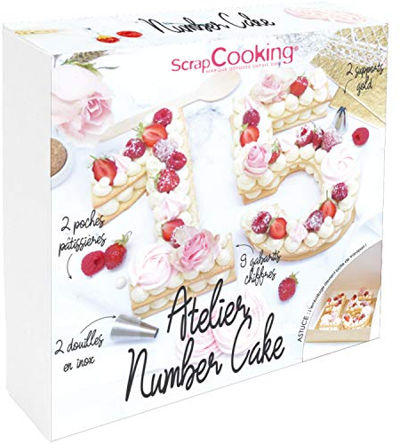 ScrapCooking - Coffret Atelier Number Cake - Kit Accessoires Pâtisserie Chiffres 0 à 9 de 21cm avec Douilles, Poches, Supports Dorés - Pour Dessert Gâteau d’Anniversaire & Fêtes - Avec Recettes - 3810