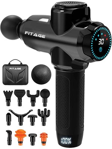 FITAGE Massagepistole, Leises Massagegerät mit 30 einstellbaren Geschwindigkeitsstufen, Massage Gun, 12 Aufsätze für Tiefengewebe Schulter, Rücken und Ganzkörperentspannung, Massage-Pistole – Original