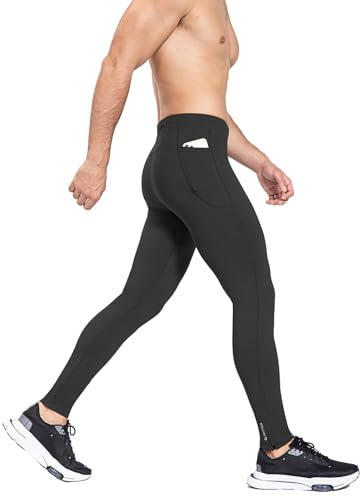 baleaf Men's Winter Running Tights Thermal Cycling Pants Water Resistant Fleece Leggings Zipper Pockets Cold Weather Gear Black L