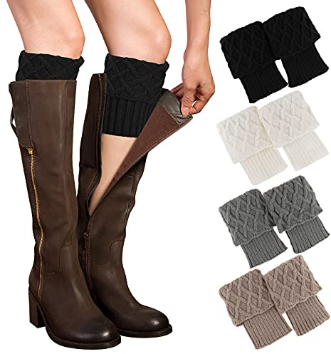 PHOGARY 4 Pairs Winter Warm Boot Cuffs for Women, Crochet Knitted Leg Warmers Boot Topper Socks Gift for Girls (Style C)