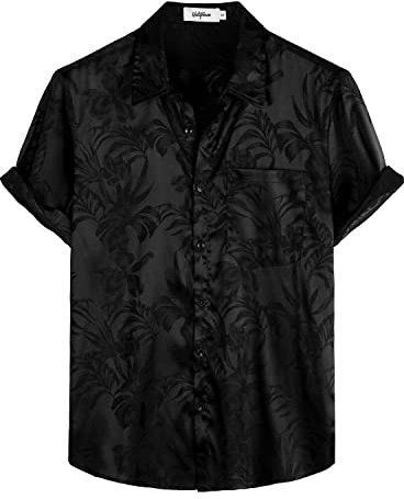 VATPAVE Herren Hawaii Hemd Männer Freizeit Kurzarm Sommerhemd Blumen Jacquard Strandhemd 70er Jahre Hemd X-Large Schwarz