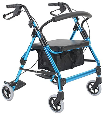 Déambulateur pliable avec siège Tout Terrain Déambulateur roulant pour personnes âgées/handicapées avec repose-pieds Freins de dossier Aide à la marche extérieure/assistance à la marche Bleu Double
