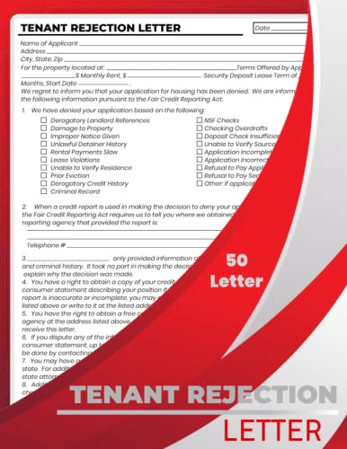 Tenant Rejection Letter Book: Tenant Denial Notice, rental application denial letter, Up To 50 Letter (8.5''x11'')